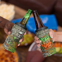 Yeah Nah Graffiti Skull New Zealand Slang 4 in 1 Can Cooler Tumbler Kiwi Grunge Brick Wall and Bold Urban Street Art