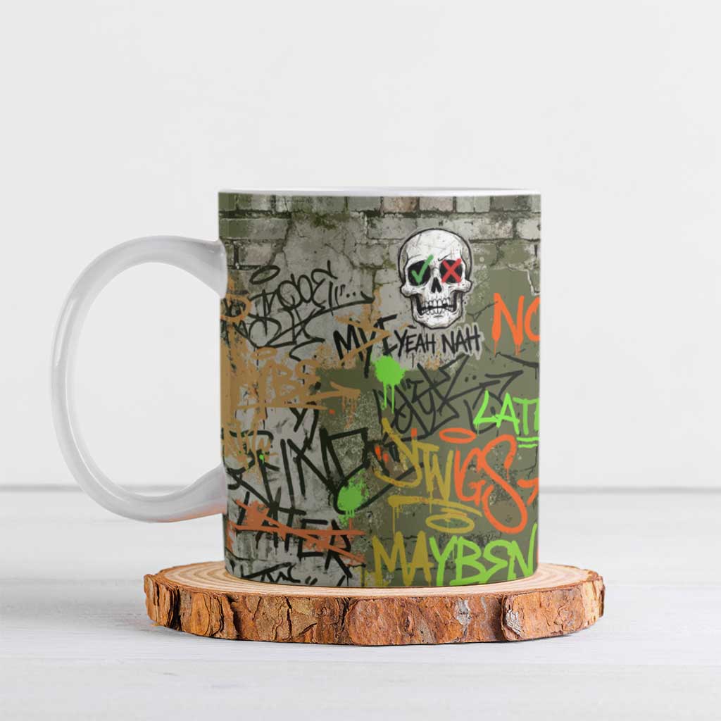 Yeah Nah Graffiti Skull New Zealand Slang Ceramic Mug Kiwi Grunge Brick Wall and Bold Urban Street Art