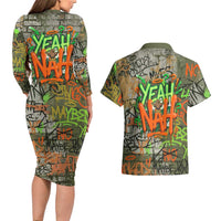 Yeah Nah Graffiti Skull New Zealand Slang Couples Matching Long Sleeve Bodycon Dress and Hawaiian Shirt Kiwi Grunge Brick Wall and Bold Urban Street Art