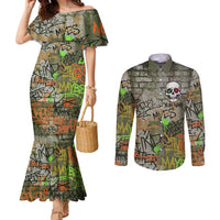 Yeah Nah Graffiti Skull New Zealand Slang Couples Matching Mermaid Dress and Long Sleeve Button Shirt Kiwi Grunge Brick Wall and Bold Urban Street Art