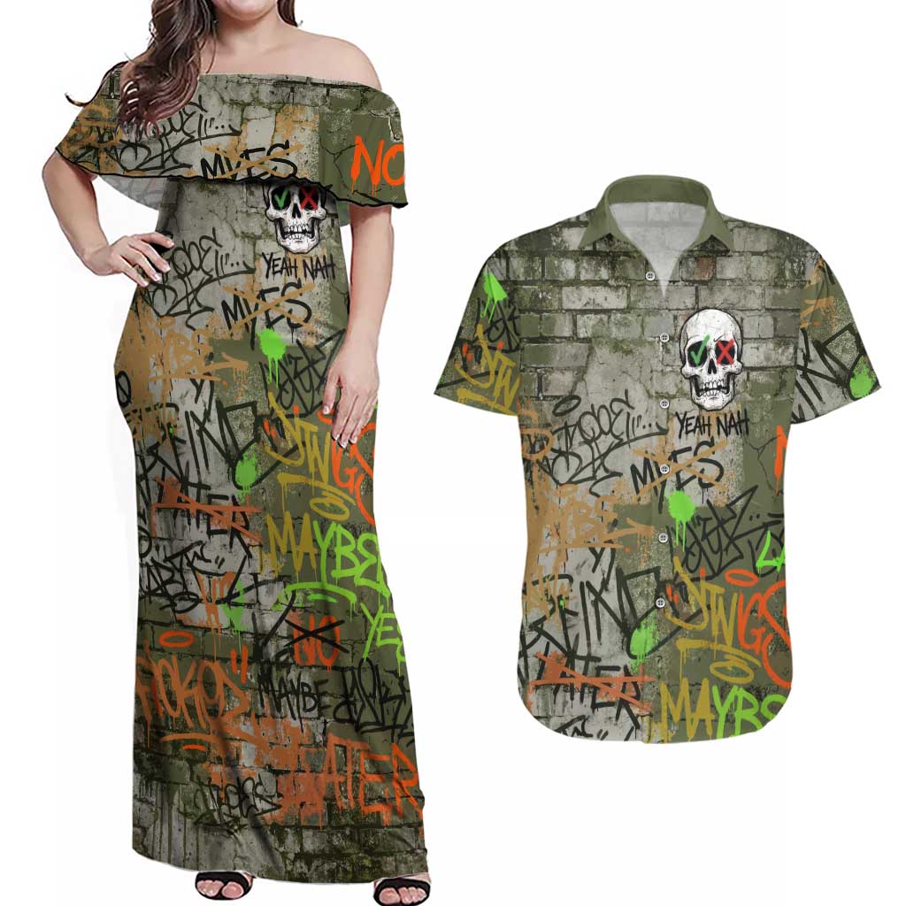 Yeah Nah Graffiti Skull New Zealand Slang Couples Matching Off Shoulder Maxi Dress and Hawaiian Shirt Kiwi Grunge Brick Wall and Bold Urban Street Art
