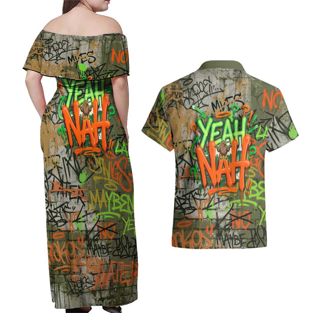 Yeah Nah Graffiti Skull New Zealand Slang Couples Matching Off Shoulder Maxi Dress and Hawaiian Shirt Kiwi Grunge Brick Wall and Bold Urban Street Art