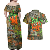 Yeah Nah Graffiti Skull New Zealand Slang Couples Matching Off Shoulder Maxi Dress and Hawaiian Shirt Kiwi Grunge Brick Wall and Bold Urban Street Art