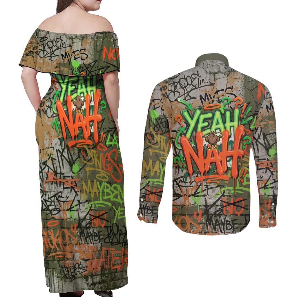 Yeah Nah Graffiti Skull New Zealand Slang Couples Matching Off Shoulder Maxi Dress and Long Sleeve Button Shirt Kiwi Grunge Brick Wall and Bold Urban Street Art