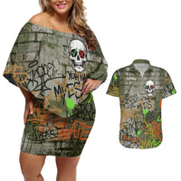 Yeah Nah Graffiti Skull New Zealand Slang Couples Matching Off Shoulder Short Dress and Hawaiian Shirt Kiwi Grunge Brick Wall and Bold Urban Street Art