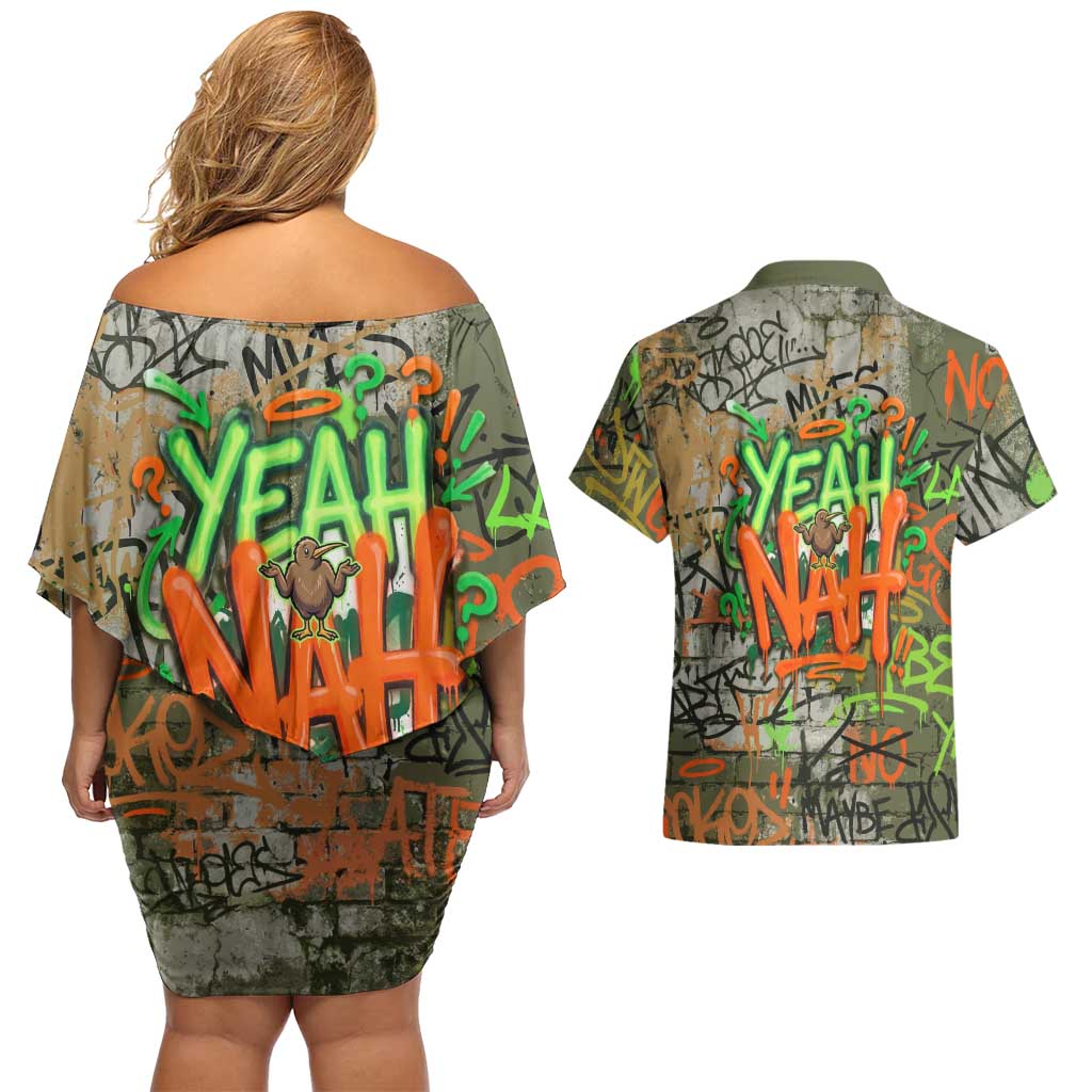 Yeah Nah Graffiti Skull New Zealand Slang Couples Matching Off Shoulder Short Dress and Hawaiian Shirt Kiwi Grunge Brick Wall and Bold Urban Street Art
