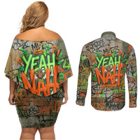 Yeah Nah Graffiti Skull New Zealand Slang Couples Matching Off Shoulder Short Dress and Long Sleeve Button Shirt Kiwi Grunge Brick Wall and Bold Urban Street Art