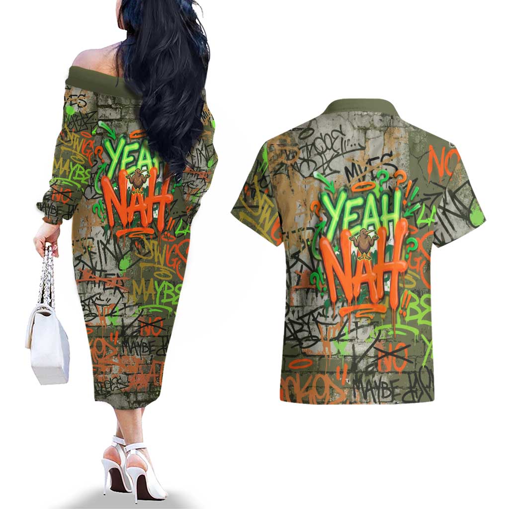 Yeah Nah Graffiti Skull New Zealand Slang Couples Matching Off The Shoulder Long Sleeve Dress and Hawaiian Shirt Kiwi Grunge Brick Wall and Bold Urban Street Art