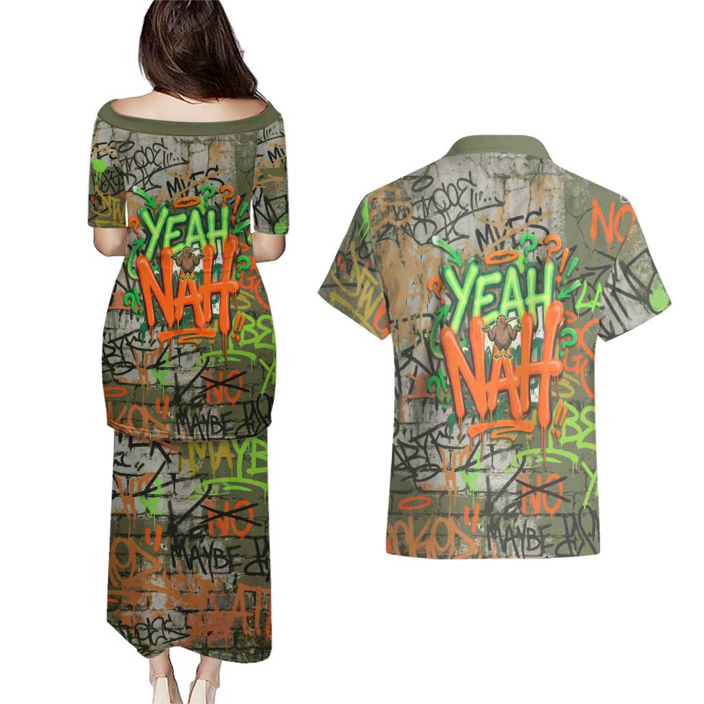 Yeah Nah Graffiti Skull New Zealand Slang Couples Matching Puletasi and Hawaiian Shirt Kiwi Grunge Brick Wall and Bold Urban Street Art