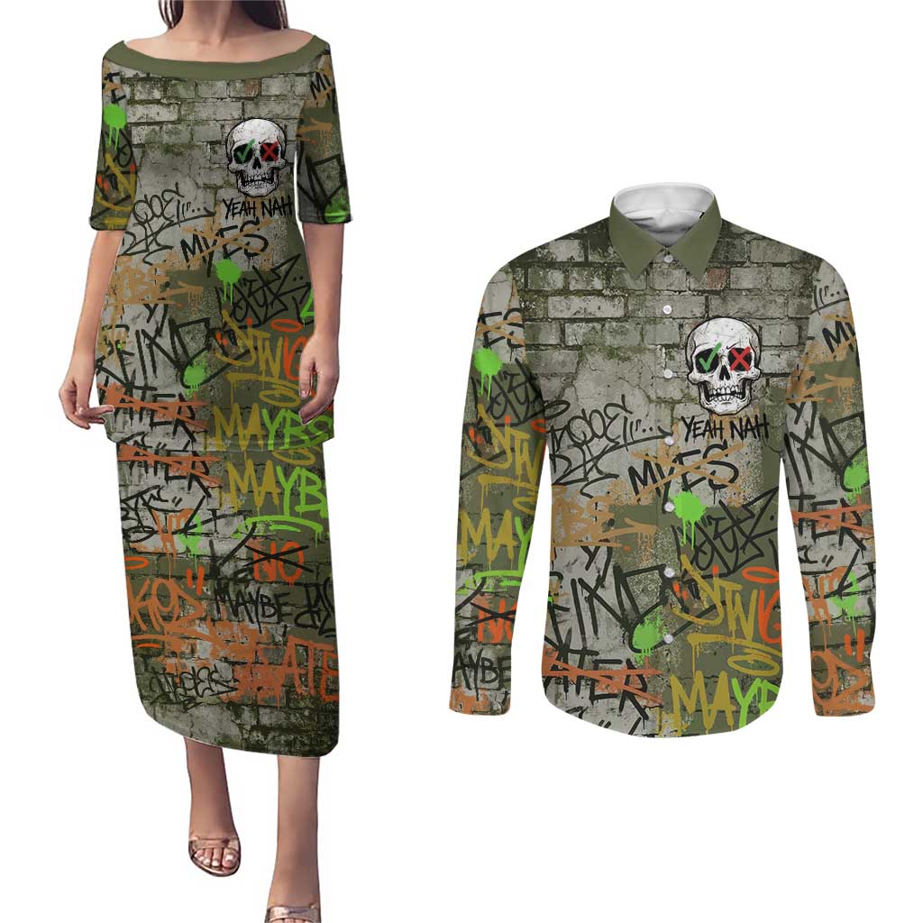 Yeah Nah Graffiti Skull New Zealand Slang Couples Matching Puletasi and Long Sleeve Button Shirt Kiwi Grunge Brick Wall and Bold Urban Street Art