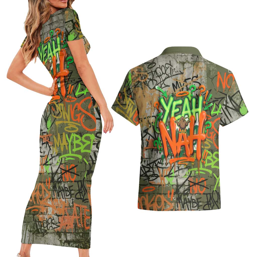 Yeah Nah Graffiti Skull New Zealand Slang Couples Matching Short Sleeve Bodycon Dress and Hawaiian Shirt Kiwi Grunge Brick Wall and Bold Urban Street Art