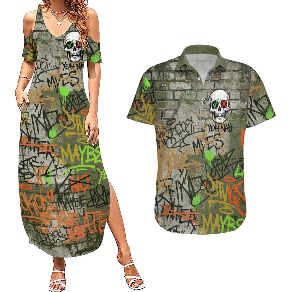 Yeah Nah Graffiti Skull New Zealand Slang Couples Matching Summer Maxi Dress and Hawaiian Shirt Kiwi Grunge Brick Wall and Bold Urban Street Art TS04 Multicolor - Polynesian Pride