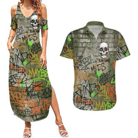 Yeah Nah Graffiti Skull New Zealand Slang Couples Matching Summer Maxi Dress and Hawaiian Shirt Kiwi Grunge Brick Wall and Bold Urban Street Art TS04 Multicolor - Polynesian Pride