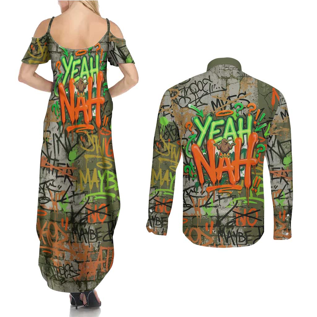 Yeah Nah Graffiti Skull New Zealand Slang Couples Matching Summer Maxi Dress and Long Sleeve Button Shirt Kiwi Grunge Brick Wall and Bold Urban Street Art
