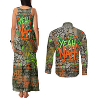 Yeah Nah Graffiti Skull New Zealand Slang Couples Matching Tank Maxi Dress and Long Sleeve Button Shirt Kiwi Grunge Brick Wall and Bold Urban Street Art