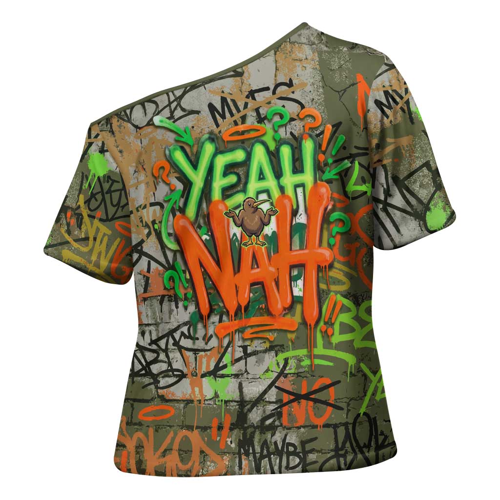 Yeah Nah Graffiti Skull New Zealand Slang Cross Shoulder Shirt Kiwi Grunge Brick Wall and Bold Urban Street Art