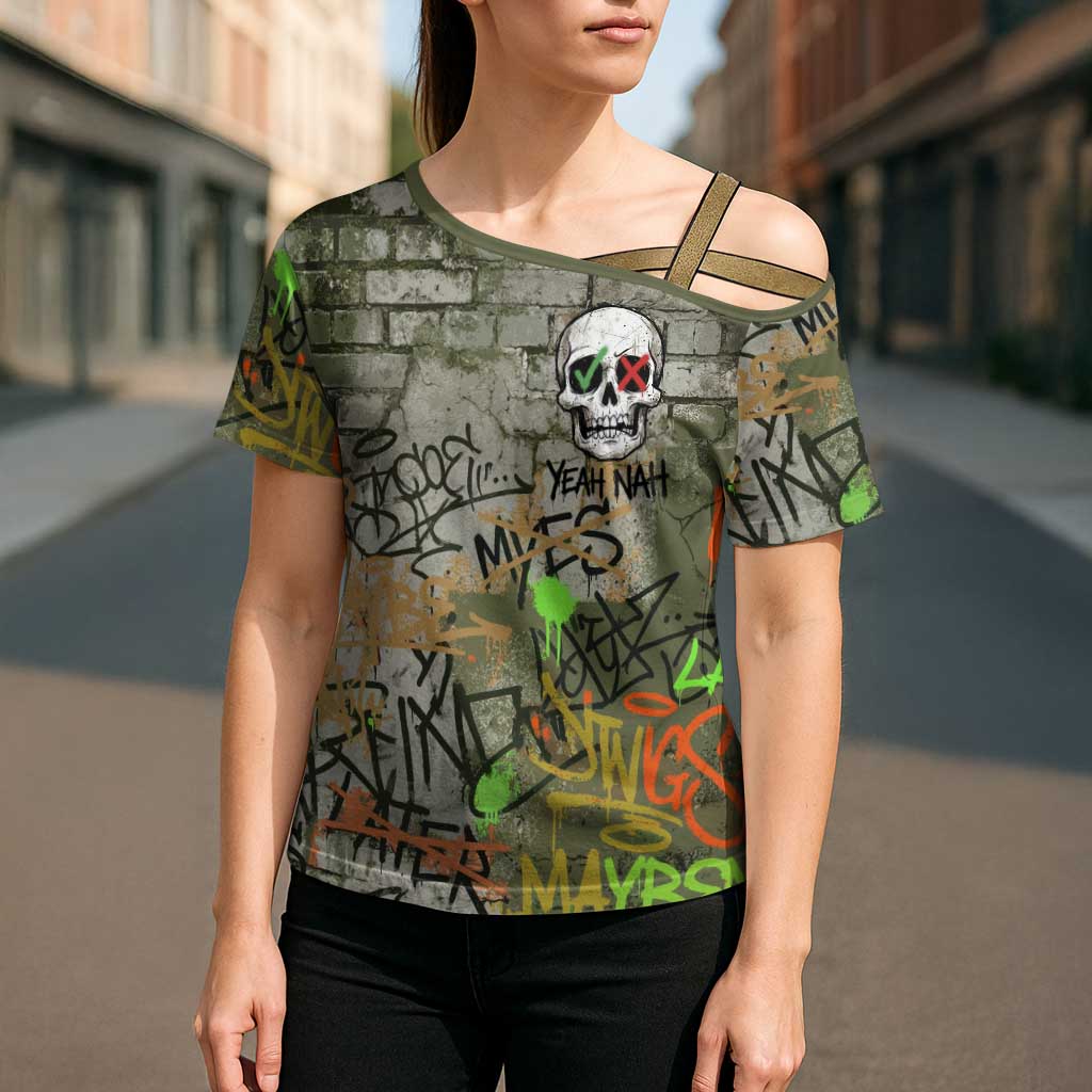 Yeah Nah Graffiti Skull New Zealand Slang Cross Shoulder Shirt Kiwi Grunge Brick Wall and Bold Urban Street Art