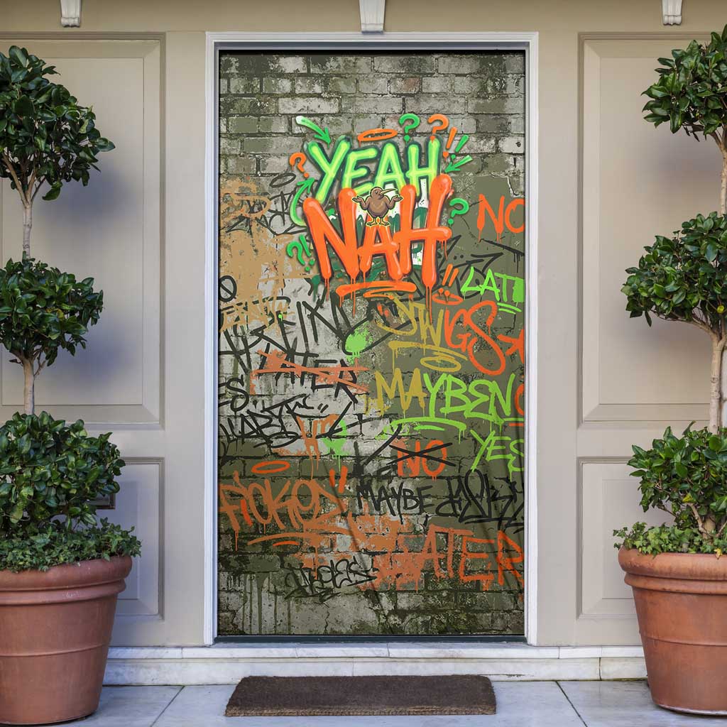 Yeah Nah Graffiti Skull New Zealand Slang Door Cover Kiwi Grunge Brick Wall and Bold Urban Street Art