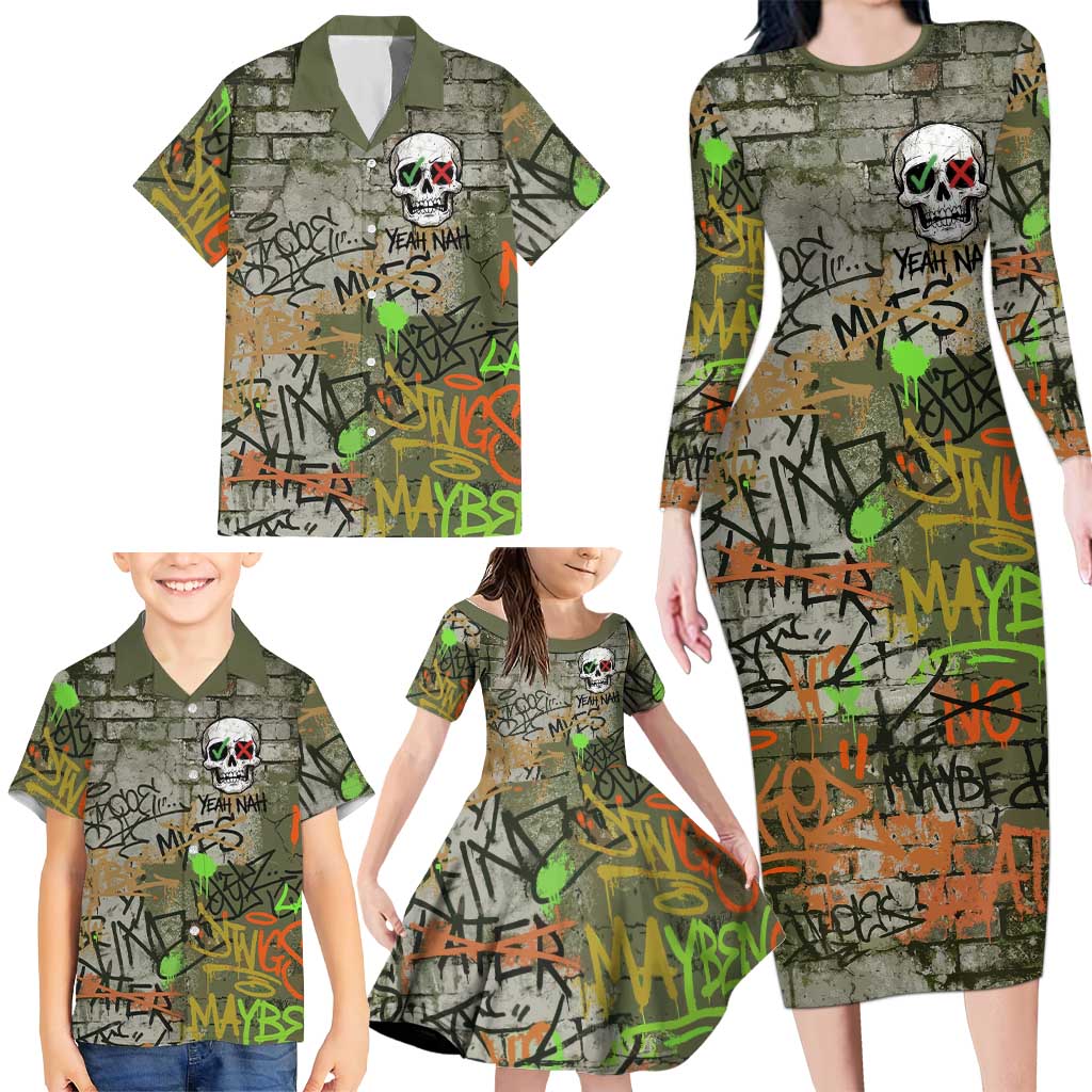 Yeah Nah Graffiti Skull New Zealand Slang Family Matching Long Sleeve Bodycon Dress and Hawaiian Shirt Kiwi Grunge Brick Wall and Bold Urban Street Art TS04 - Polynesian Pride