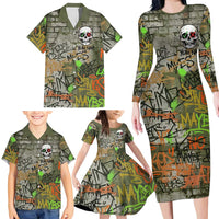Yeah Nah Graffiti Skull New Zealand Slang Family Matching Long Sleeve Bodycon Dress and Hawaiian Shirt Kiwi Grunge Brick Wall and Bold Urban Street Art TS04 - Polynesian Pride