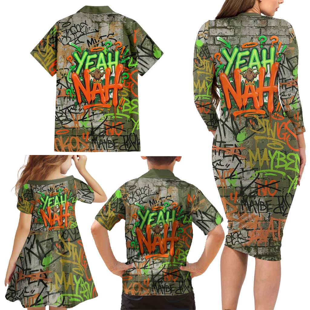 Yeah Nah Graffiti Skull New Zealand Slang Family Matching Long Sleeve Bodycon Dress and Hawaiian Shirt Kiwi Grunge Brick Wall and Bold Urban Street Art TS04 - Polynesian Pride