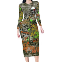 Yeah Nah Graffiti Skull New Zealand Slang Family Matching Long Sleeve Bodycon Dress and Hawaiian Shirt Kiwi Grunge Brick Wall and Bold Urban Street Art TS04 Mom's Dress Multicolor - Polynesian Pride