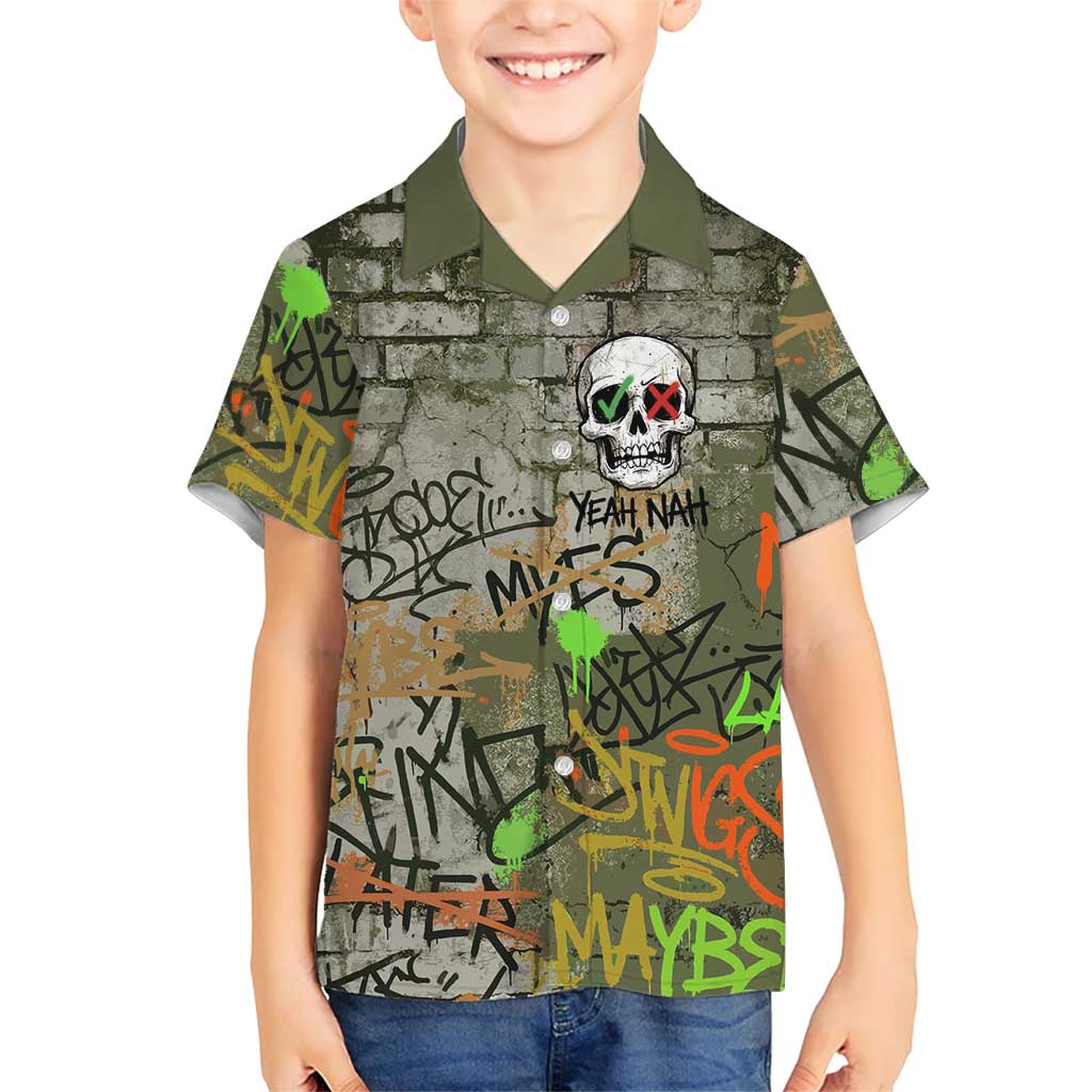 Yeah Nah Graffiti Skull New Zealand Slang Family Matching Long Sleeve Bodycon Dress and Hawaiian Shirt Kiwi Grunge Brick Wall and Bold Urban Street Art TS04 Son's Shirt Multicolor - Polynesian Pride
