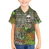 Yeah Nah Graffiti Skull New Zealand Slang Family Matching Long Sleeve Bodycon Dress and Hawaiian Shirt Kiwi Grunge Brick Wall and Bold Urban Street Art TS04 Son's Shirt Multicolor - Polynesian Pride