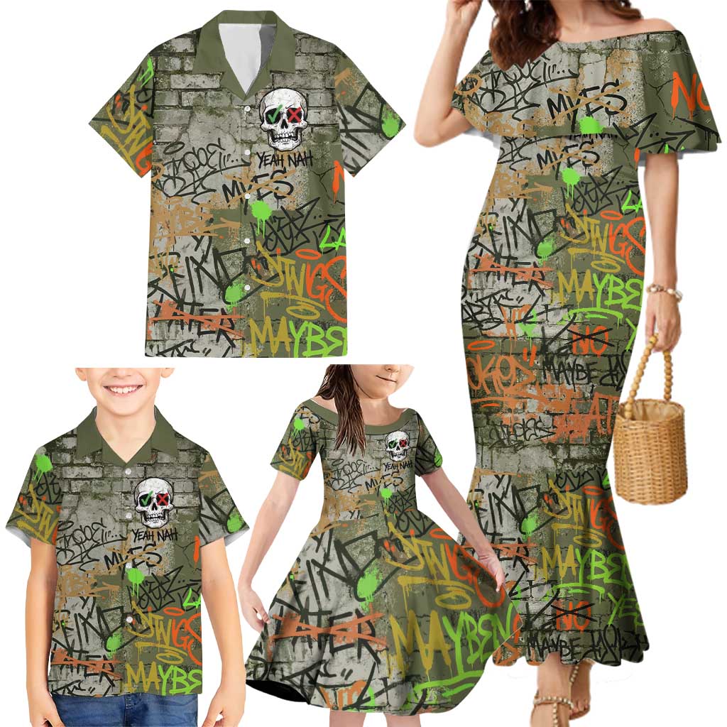 Yeah Nah Graffiti Skull New Zealand Slang Family Matching Mermaid Dress and Hawaiian Shirt Kiwi Grunge Brick Wall and Bold Urban Street Art