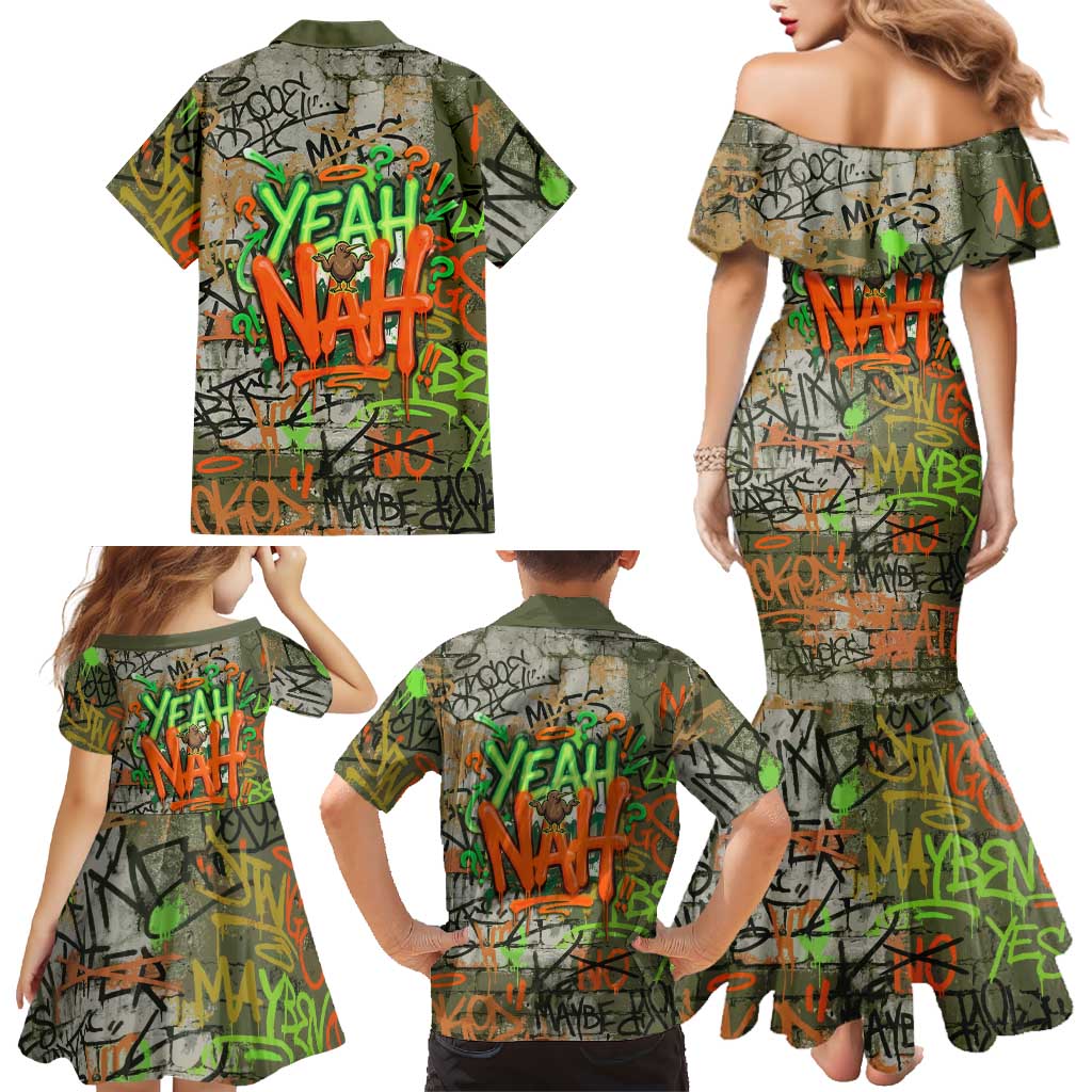 Yeah Nah Graffiti Skull New Zealand Slang Family Matching Mermaid Dress and Hawaiian Shirt Kiwi Grunge Brick Wall and Bold Urban Street Art