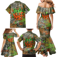 Yeah Nah Graffiti Skull New Zealand Slang Family Matching Mermaid Dress and Hawaiian Shirt Kiwi Grunge Brick Wall and Bold Urban Street Art