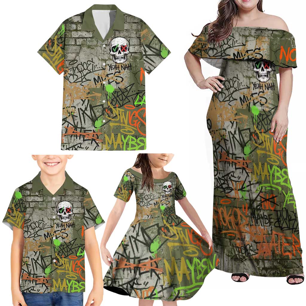 Yeah Nah Graffiti Skull New Zealand Slang Family Matching Off Shoulder Maxi Dress and Hawaiian Shirt Kiwi Grunge Brick Wall and Bold Urban Street Art