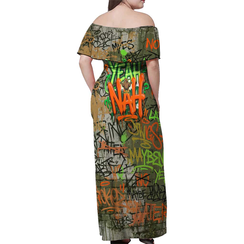 Yeah Nah Graffiti Skull New Zealand Slang Family Matching Off Shoulder Maxi Dress and Hawaiian Shirt Kiwi Grunge Brick Wall and Bold Urban Street Art