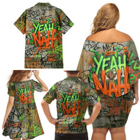 Yeah Nah Graffiti Skull New Zealand Slang Family Matching Off Shoulder Short Dress and Hawaiian Shirt Kiwi Grunge Brick Wall and Bold Urban Street Art