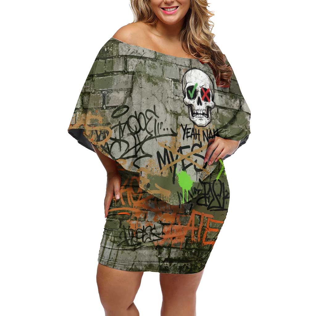 Yeah Nah Graffiti Skull New Zealand Slang Family Matching Off Shoulder Short Dress and Hawaiian Shirt Kiwi Grunge Brick Wall and Bold Urban Street Art