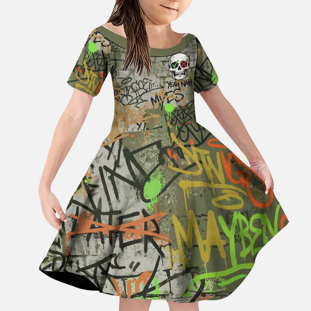 Yeah Nah Graffiti Skull New Zealand Slang Family Matching Puletasi and Hawaiian Shirt Kiwi Grunge Brick Wall and Bold Urban Street Art TS04 Daughter's Dress Multicolor - Polynesian Pride