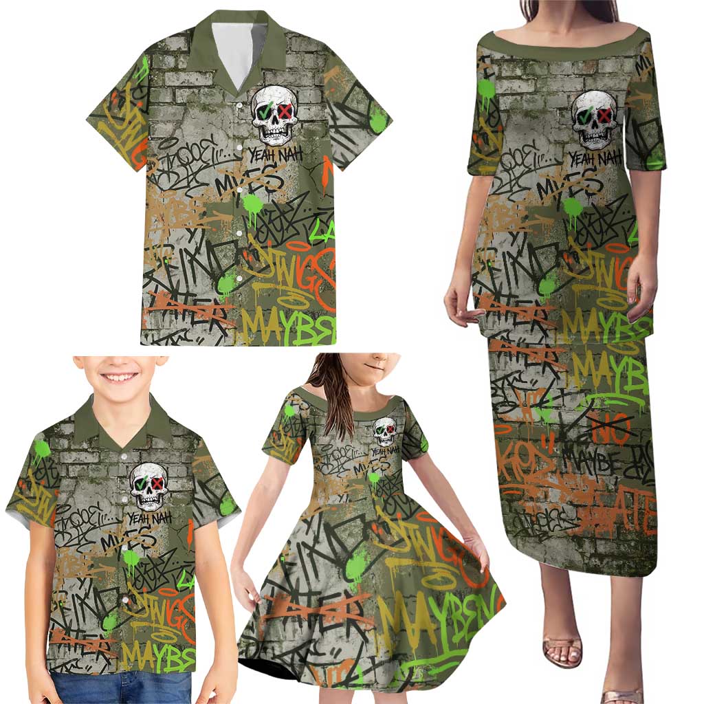 Yeah Nah Graffiti Skull New Zealand Slang Family Matching Puletasi and Hawaiian Shirt Kiwi Grunge Brick Wall and Bold Urban Street Art TS04 - Polynesian Pride