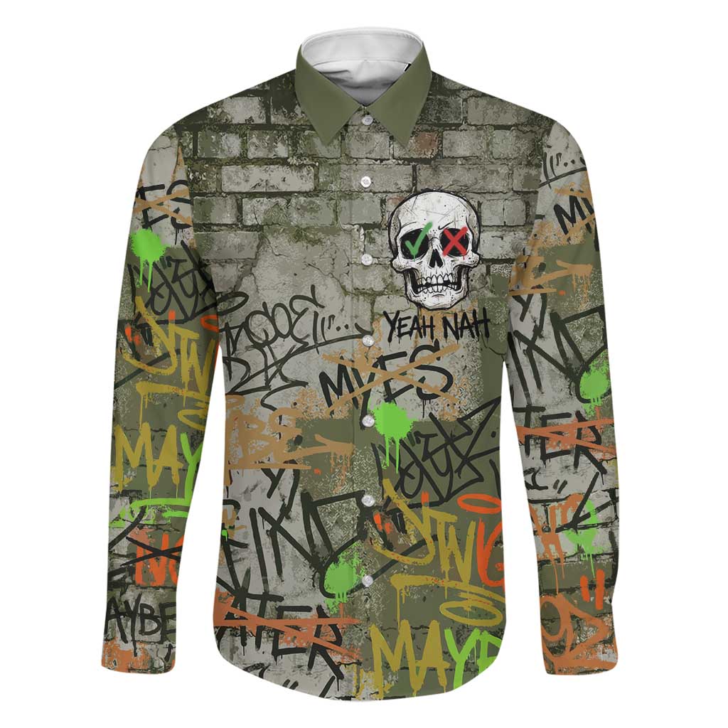 Yeah Nah Graffiti Skull New Zealand Slang Family Matching Puletasi and Hawaiian Shirt Kiwi Grunge Brick Wall and Bold Urban Street Art TS04 Dad's Shirt - Long Sleeve Multicolor - Polynesian Pride