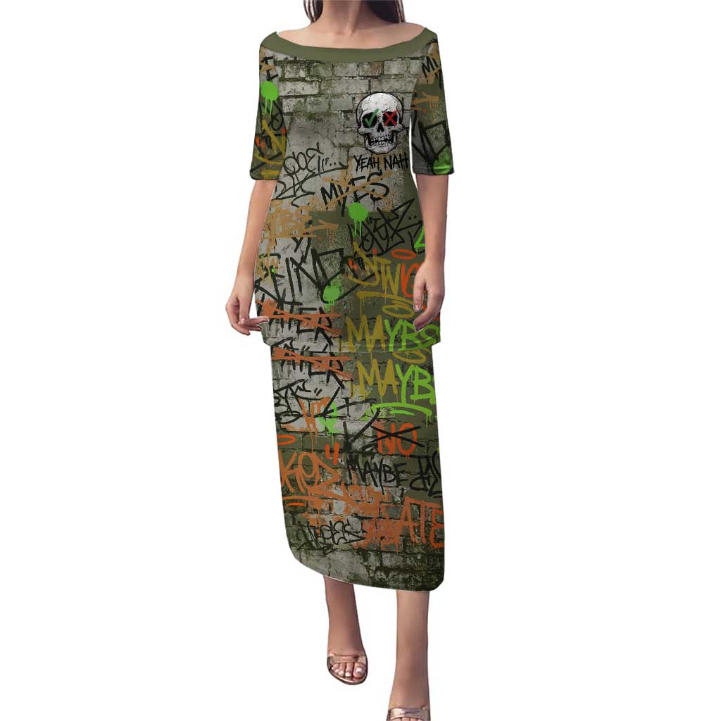 Yeah Nah Graffiti Skull New Zealand Slang Family Matching Puletasi and Hawaiian Shirt Kiwi Grunge Brick Wall and Bold Urban Street Art TS04 Mom's Dress Multicolor - Polynesian Pride