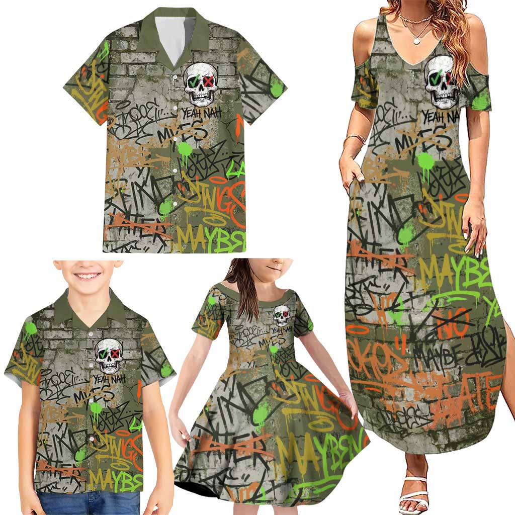 Yeah Nah Graffiti Skull New Zealand Slang Family Matching Summer Maxi Dress and Hawaiian Shirt Kiwi Grunge Brick Wall and Bold Urban Street Art