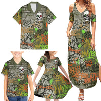 Yeah Nah Graffiti Skull New Zealand Slang Family Matching Summer Maxi Dress and Hawaiian Shirt Kiwi Grunge Brick Wall and Bold Urban Street Art