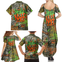 Yeah Nah Graffiti Skull New Zealand Slang Family Matching Summer Maxi Dress and Hawaiian Shirt Kiwi Grunge Brick Wall and Bold Urban Street Art