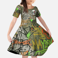 Yeah Nah Graffiti Skull New Zealand Slang Family Matching Tank Maxi Dress and Hawaiian Shirt Kiwi Grunge Brick Wall and Bold Urban Street Art TS04 Daughter's Dress Multicolor - Polynesian Pride