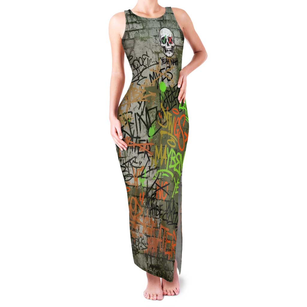 Yeah Nah Graffiti Skull New Zealand Slang Family Matching Tank Maxi Dress and Hawaiian Shirt Kiwi Grunge Brick Wall and Bold Urban Street Art TS04 Mom's Dress Multicolor - Polynesian Pride