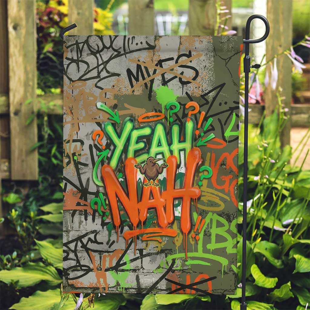 Yeah Nah Graffiti Skull New Zealand Slang Garden Flag Kiwi Grunge Brick Wall and Bold Urban Street Art
