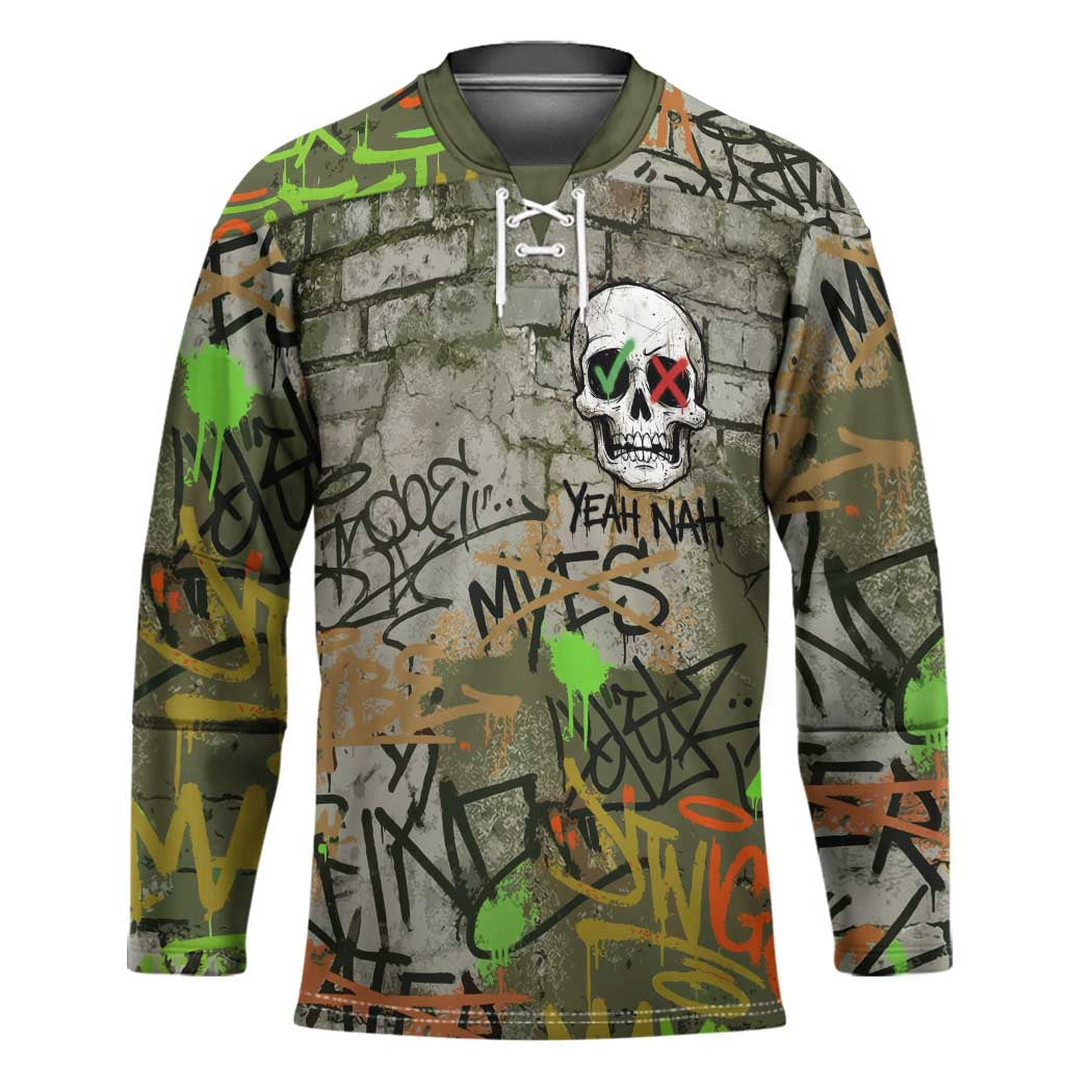 Yeah Nah Graffiti Skull New Zealand Slang Hockey Jersey Kiwi Grunge Brick Wall and Bold Urban Street Art