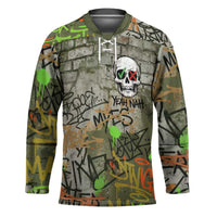 Yeah Nah Graffiti Skull New Zealand Slang Hockey Jersey Kiwi Grunge Brick Wall and Bold Urban Street Art