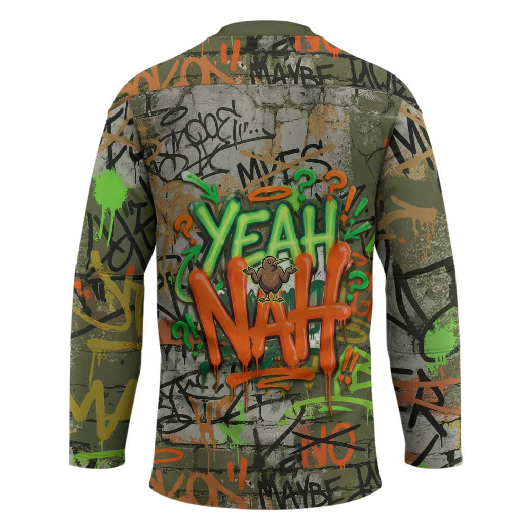 Yeah Nah Graffiti Skull New Zealand Slang Hockey Jersey Kiwi Grunge Brick Wall and Bold Urban Street Art