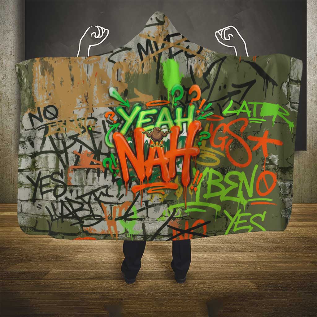 Yeah Nah Graffiti Skull New Zealand Slang Hooded Blanket Kiwi Grunge Brick Wall and Bold Urban Street Art