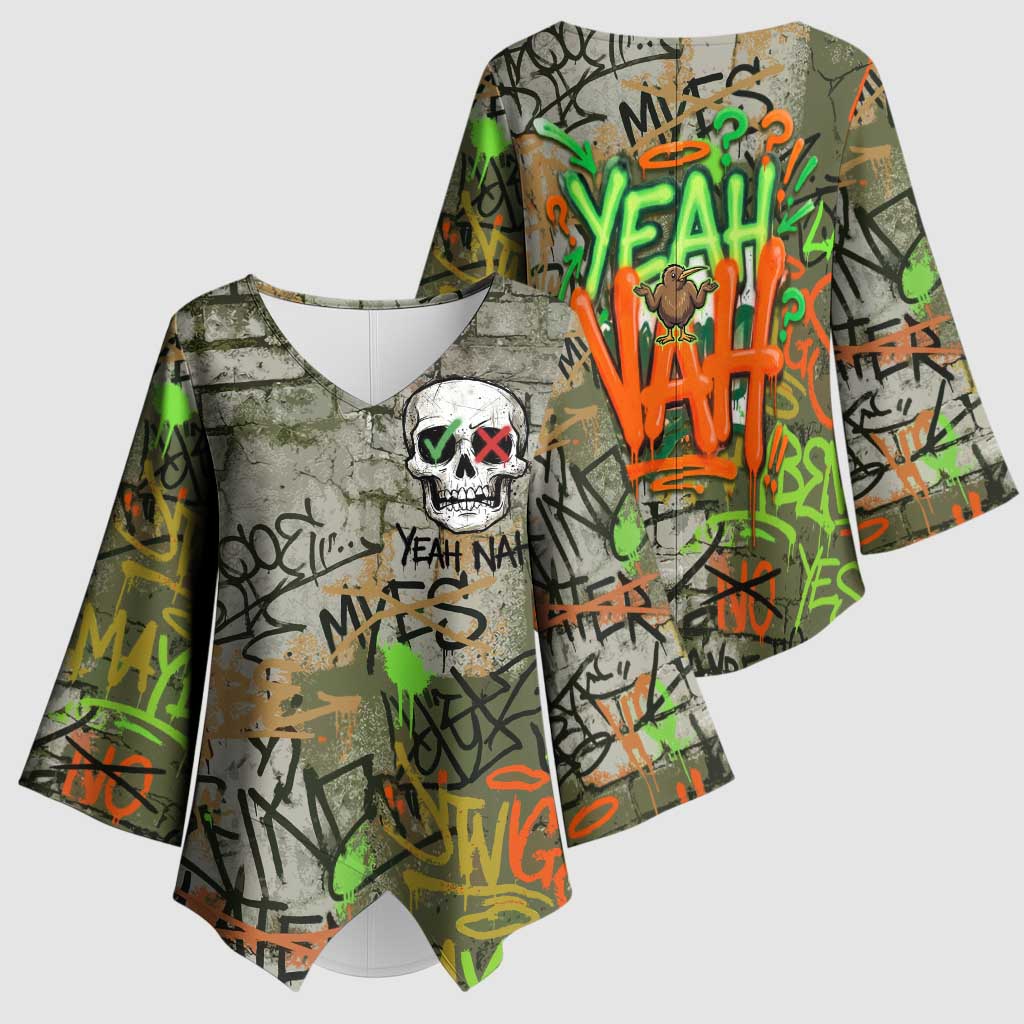 Yeah Nah Graffiti Skull New Zealand Slang Kimono Sleeve Blouse Kiwi Grunge Brick Wall and Bold Urban Street Art